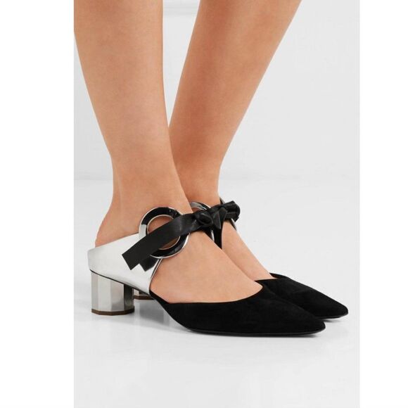Proenza Schouler Grommet Leather Suede Point Toe Mules Black White Women's 39 - Picture 1 of 11